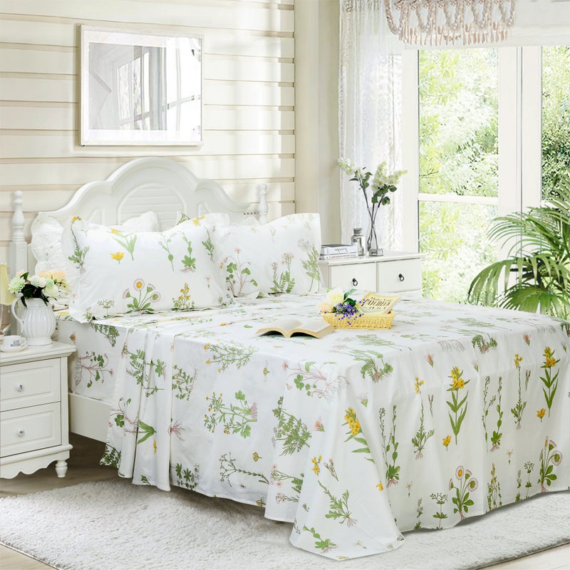 FADFAY Shabby Green Floral Sheet Set 100% Cotton Bed Sheet Set Green White Natural Hypoallergenic Bedding Set,4pcs-Queen - Image 4